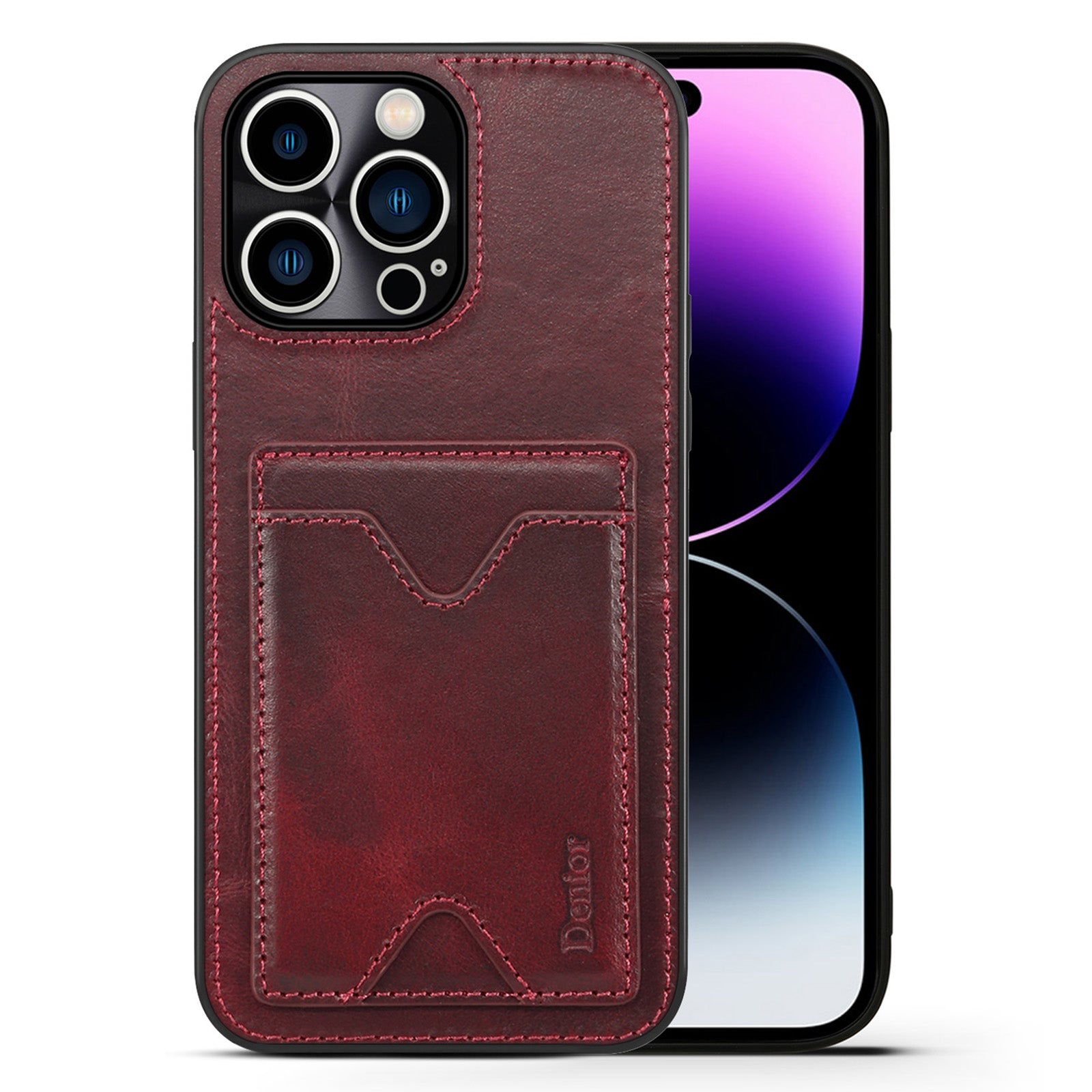 Nárazuvzdorné pouzdro DENIOR pro iPhone 14 Pro z hovězí kůže TPU na telefon s držákem na karty Nárazuvzdorné pouzdro DENIOR pro iPhone 14 Pro z hovězí kůže TPU na telefon s držákem na karty